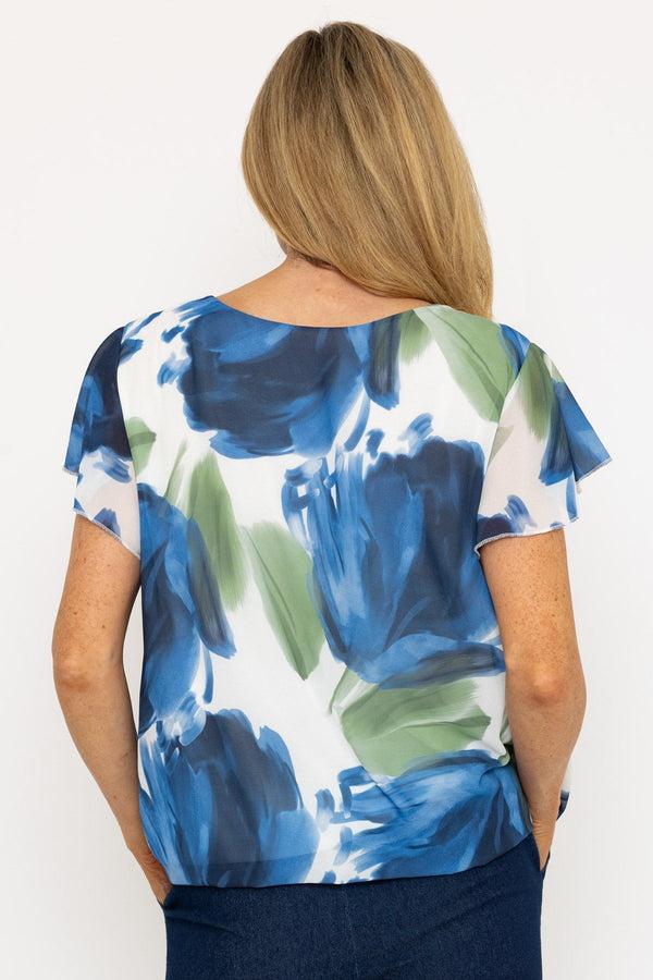 Carraig Donn Short Sleeve Navy Printed Blouse With Tie Neck