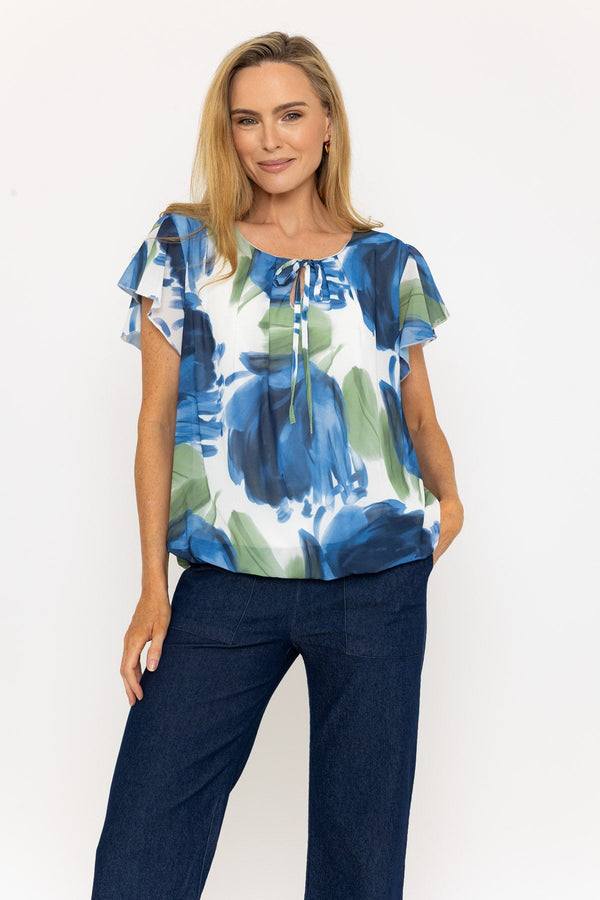 Carraig Donn Short Sleeve Navy Printed Blouse With Tie Neck