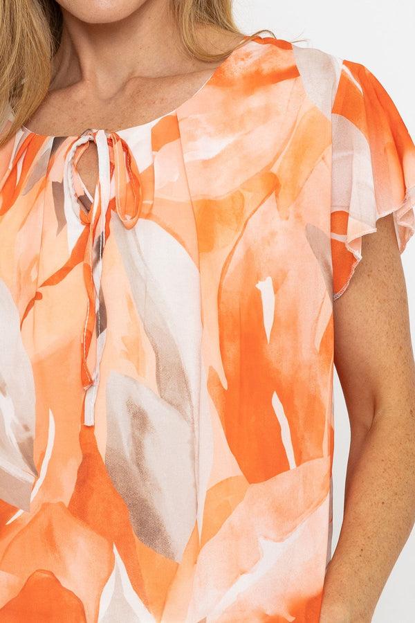 Carraig Donn Short Sleeve Orange Printed Blouse With Tie Neck