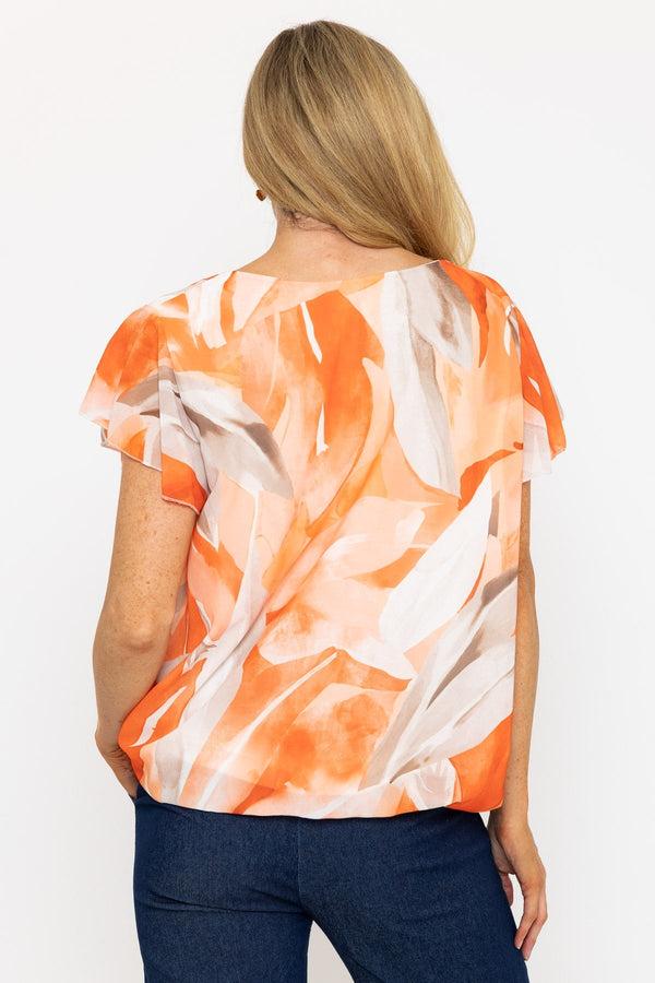 Carraig Donn Short Sleeve Orange Printed Blouse With Tie Neck
