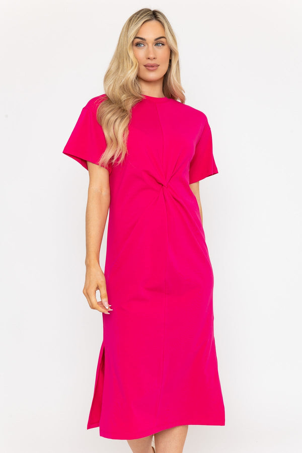 Carraig Donn Short Sleeve Pink Midi Dress With Twist Detail
