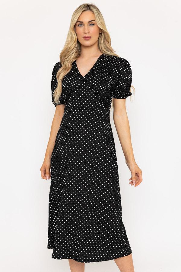 Carraig Donn Short Sleeve Polka Dot Midi Dress In Black