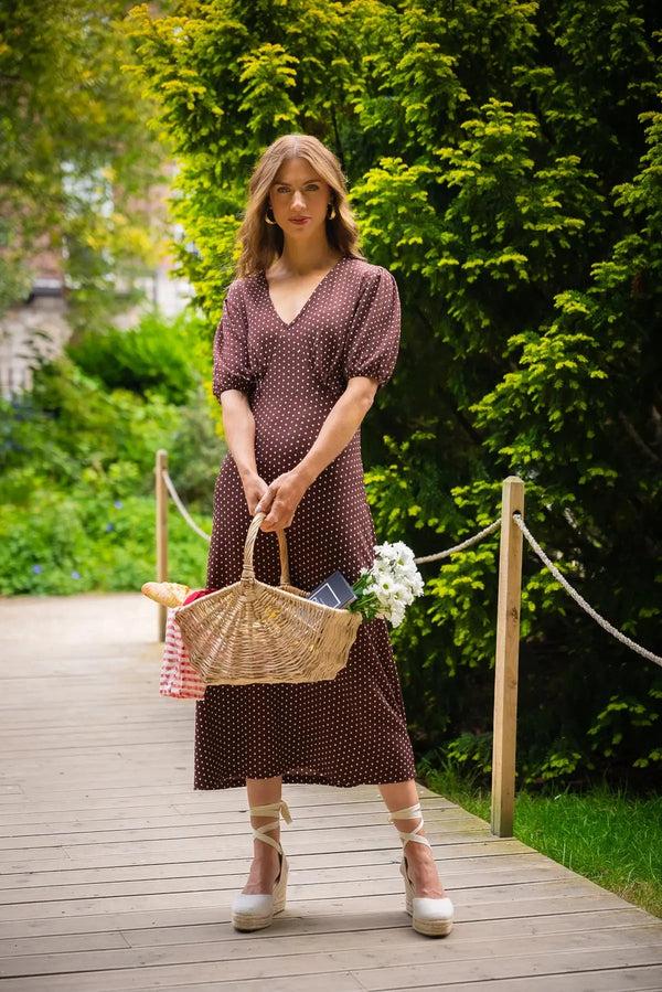 Carraig Donn Short Sleeve Polka Dot Midi Dress In Brown