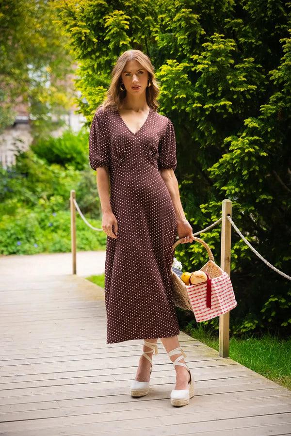 Carraig Donn Short Sleeve Polka Dot Midi Dress In Brown