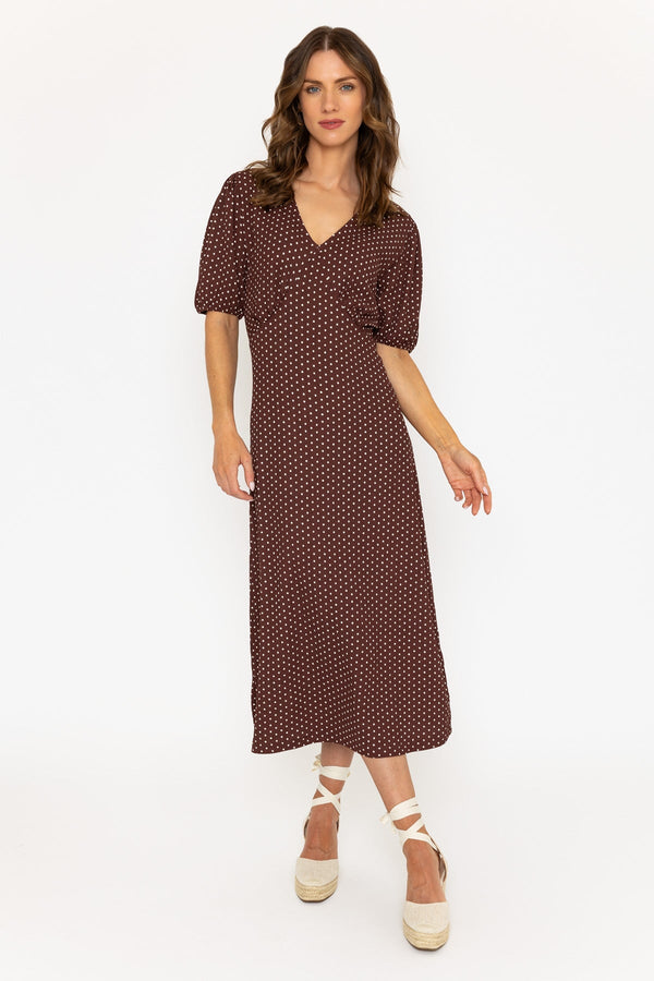 carraig donn Short Sleeve Polka Dot Midi Dress in Brown