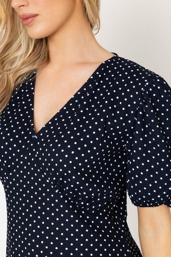 Carraig Donn Short Sleeve Polka Dot Midi Dress In Navy