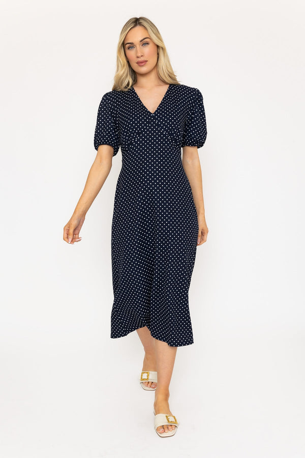 Carraig Donn Short Sleeve Polka Dot Midi Dress In Navy