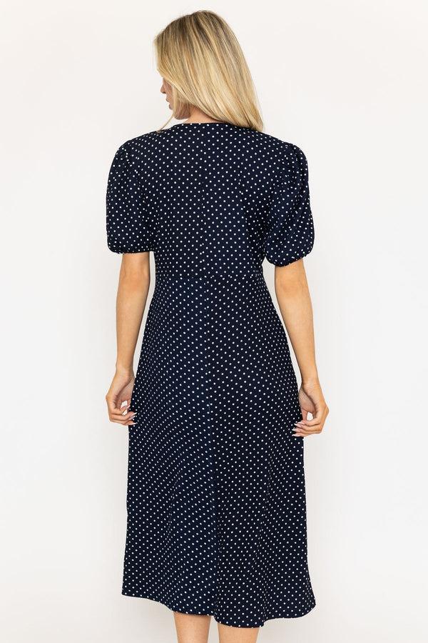 Carraig Donn Short Sleeve Polka Dot Midi Dress In Navy