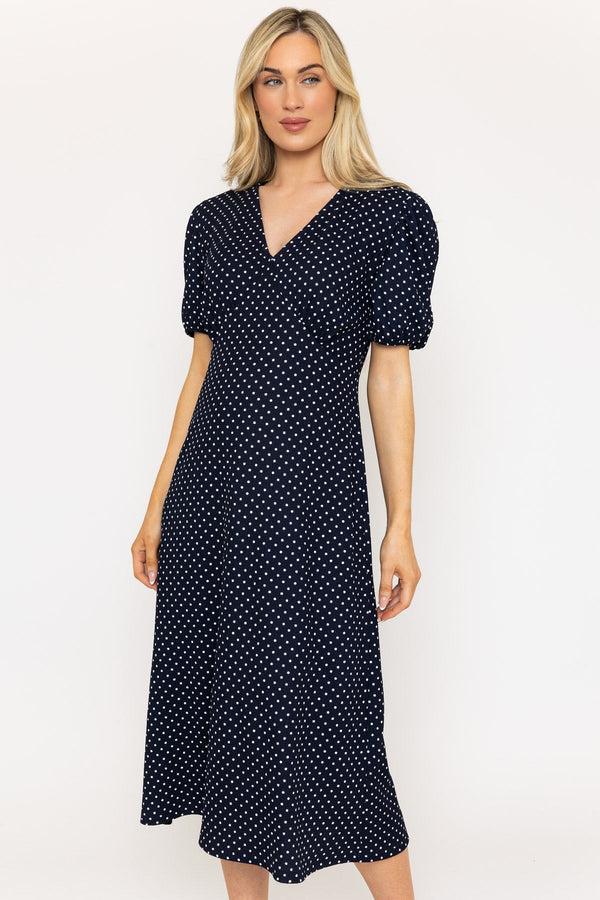 carraig donn Short Sleeve Polka Dot Midi Dress in Navy