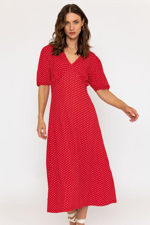 Carraig Donn Short Sleeve Polka Dot Midi Dress In Red