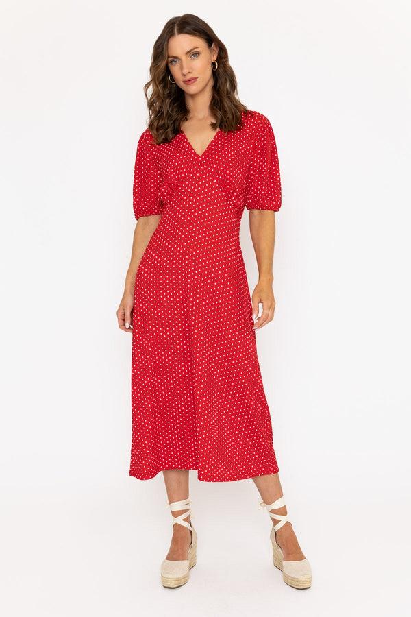carraig donn Short Sleeve Polka Dot Midi Dress in Red