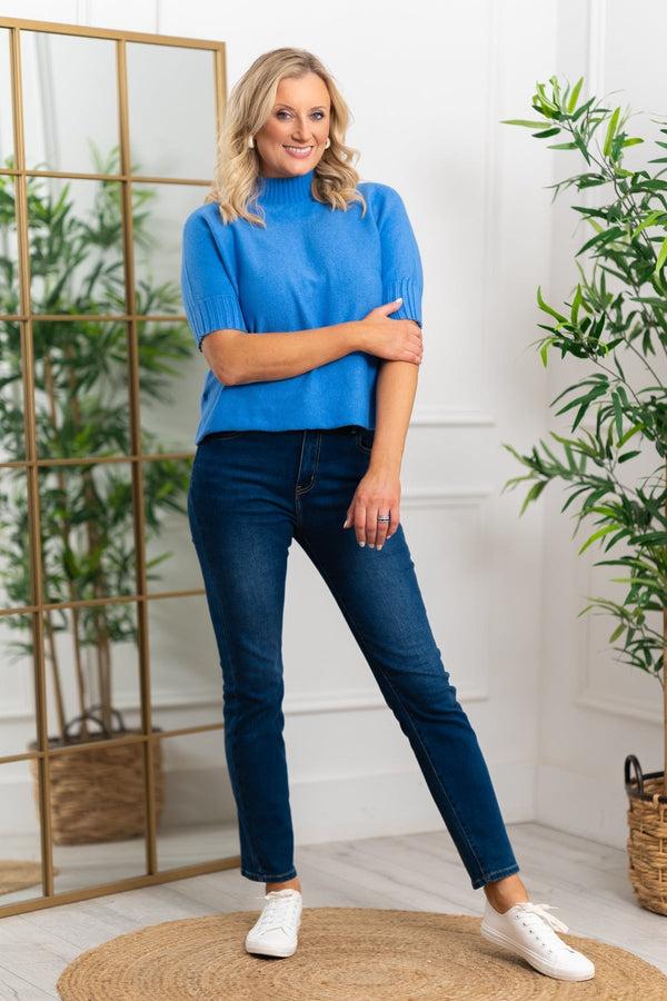 Carraig Donn Short Sleeve Rib Edge Knit Jumper In Blue