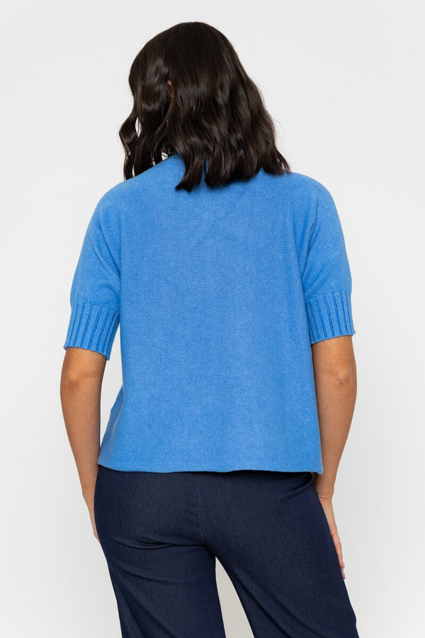 Carraig Donn Short Sleeve Rib Edge Knit Jumper In Blue
