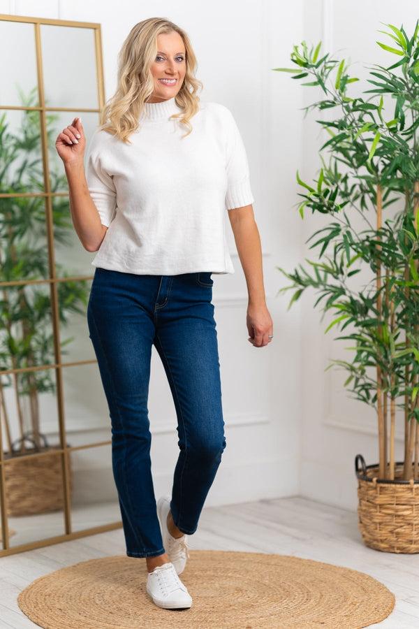 Carraig Donn Short Sleeve Rib Edge Knit Jumper In Ecru