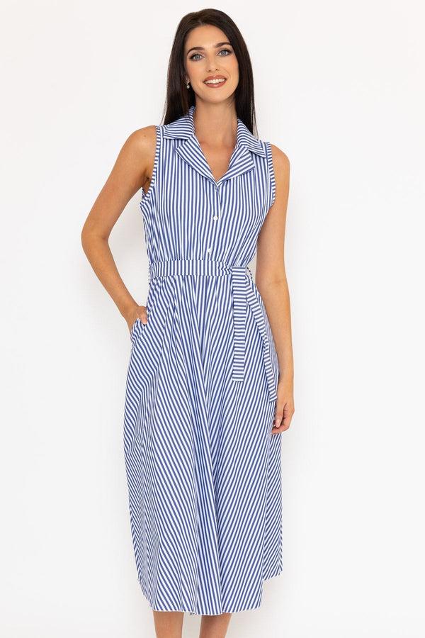 Carraig Donn Sleeveless Blue Stripe Shirt Midi Dress