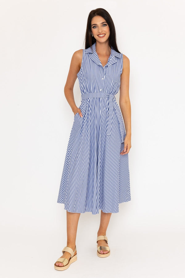 carraig donn Sleeveless Blue Stripe Shirt Midi Dress