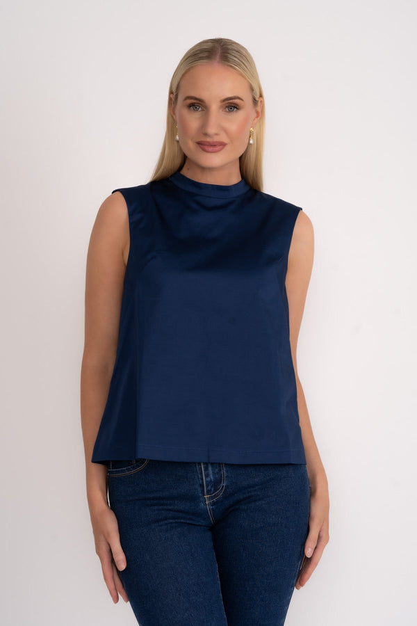carraig donn Sleeveless Bow Back Cotton Sateen Top in Navy