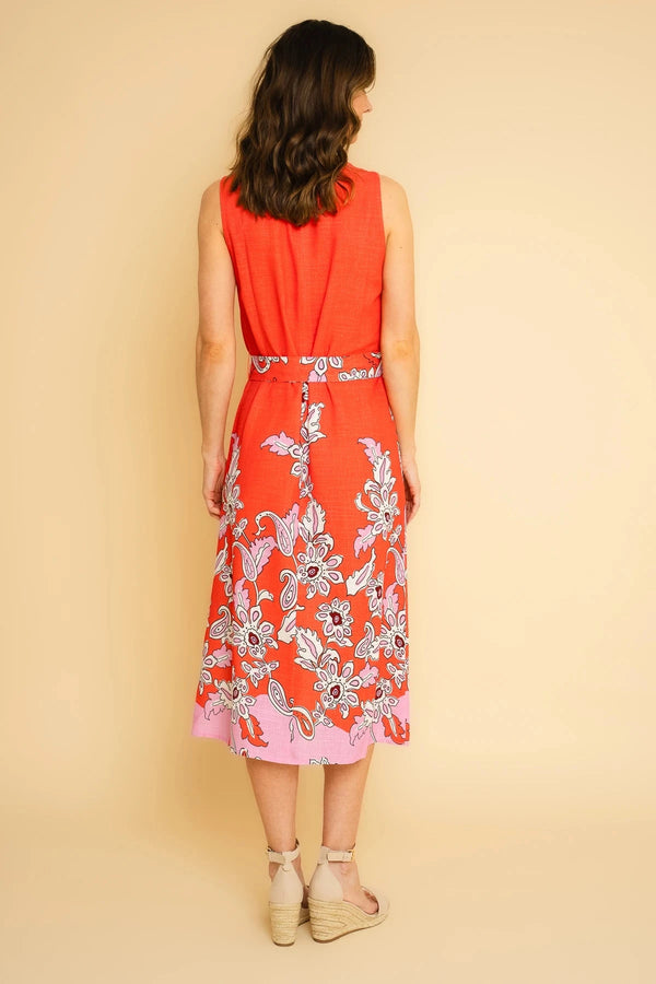 Carraig Donn Sleeveless Linen Blend Printed Midi Dress In Coral