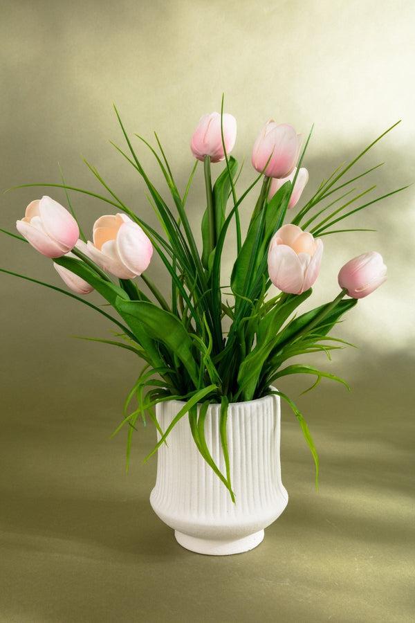 Carraig Donn Soft Pink Tulip Arrangement In Pottery Vase
