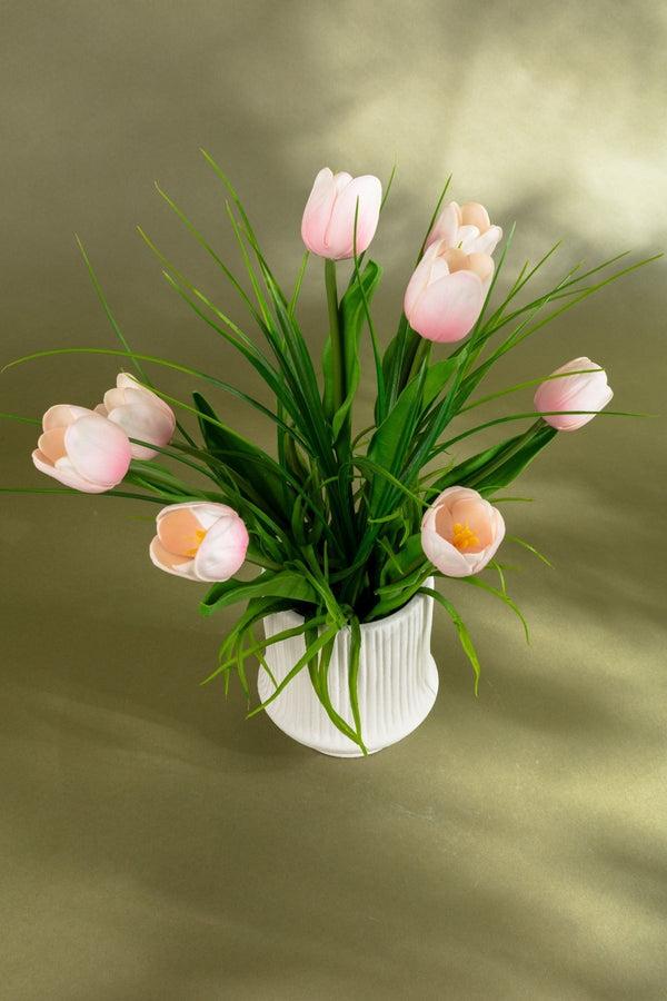 Carraig Donn Soft Pink Tulip Arrangement In Pottery Vase