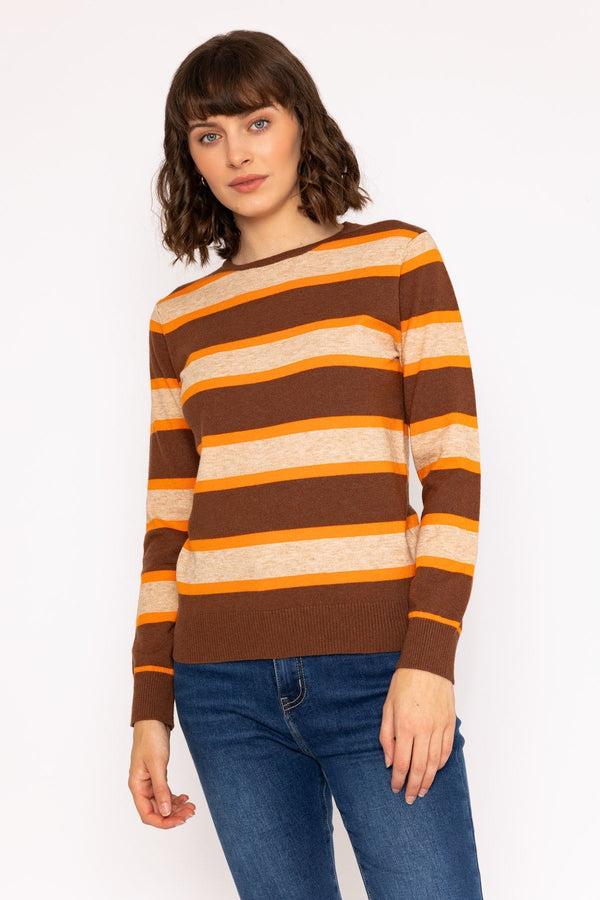 Carraig Donn Soft Touch Stripe Knit Jumper In Brown
