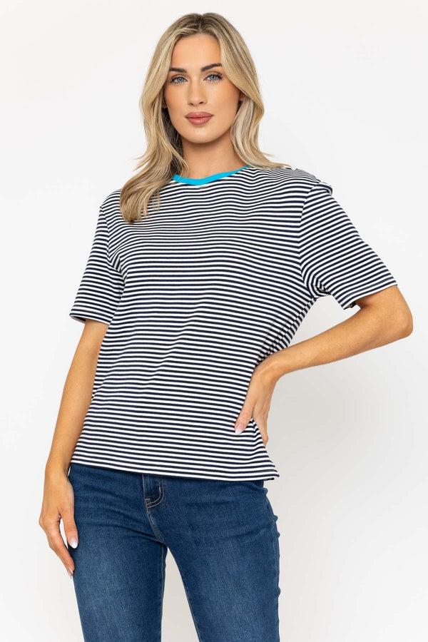 Carraig Donn Soft Touch Striped T-Shirt With Contrast Blue Neckline