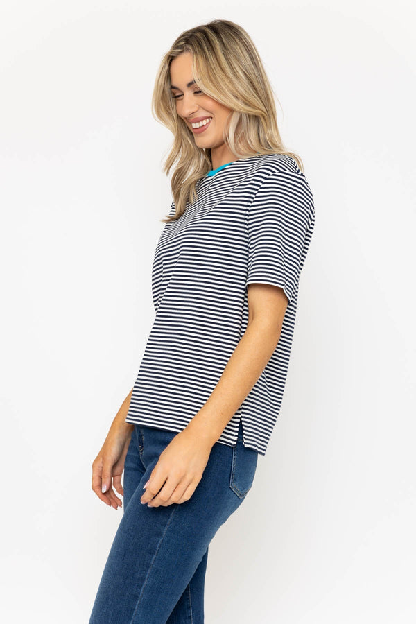 Carraig Donn Soft Touch Striped T-Shirt With Contrast Blue Neckline