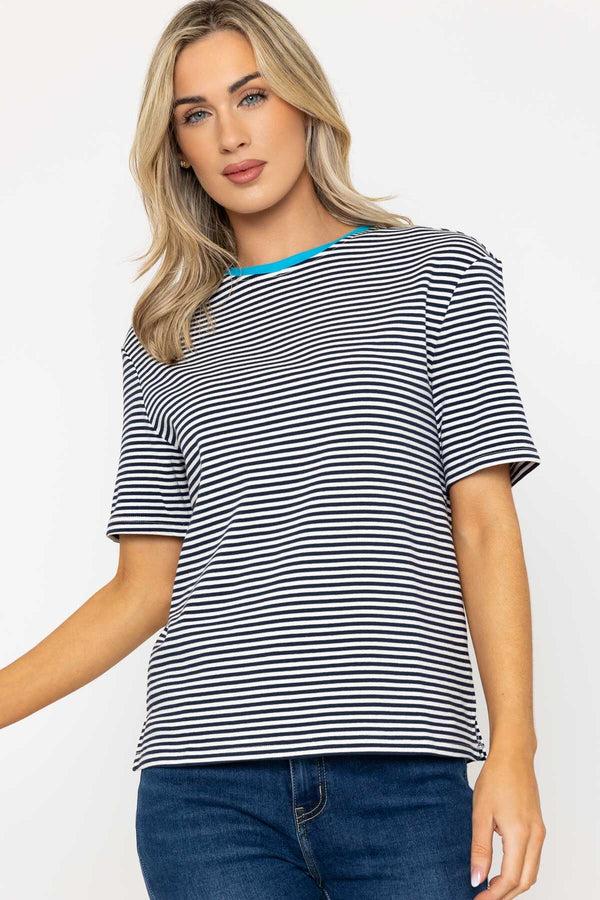 carraig donn Soft Touch Striped T-Shirt with Contrast Blue Neckline