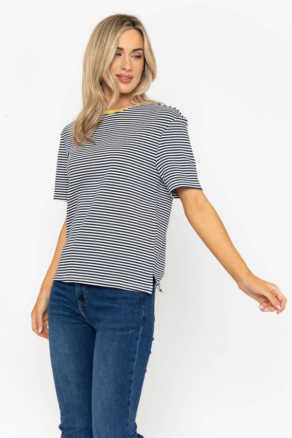 Carraig Donn Soft Touch Striped T-Shirt With Contrast Yellow Neckline