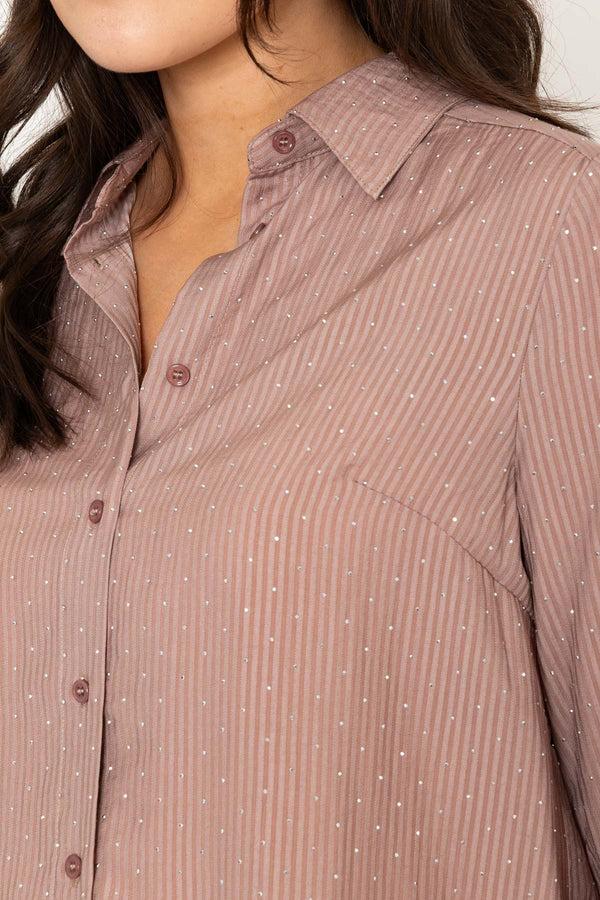 Carraig Donn Striped Mocha Brown Shirt With Rhinestone Studs