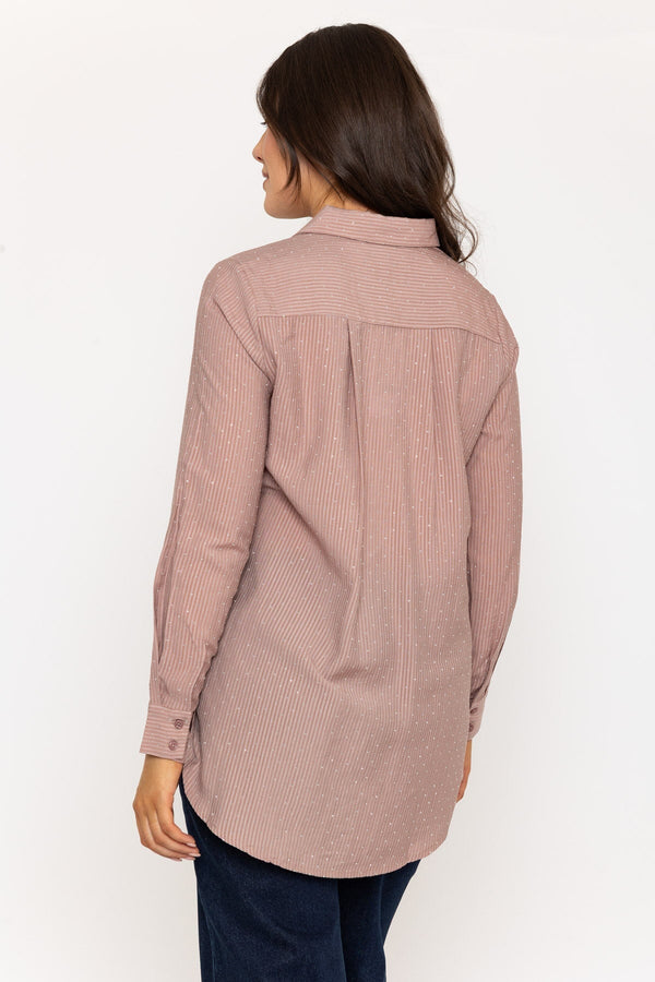 Carraig Donn Striped Mocha Brown Shirt With Rhinestone Studs