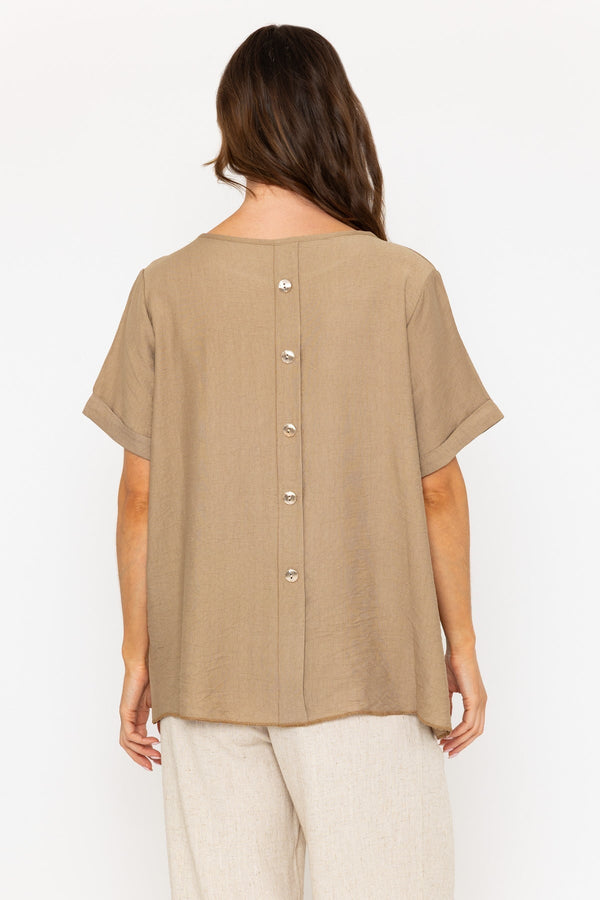 Carraig Donn Taupe Linen-Like Top With Back Buttons