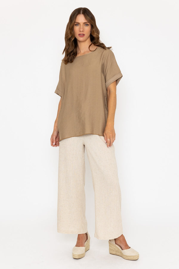 Carraig Donn Taupe Linen-Like Top With Back Buttons