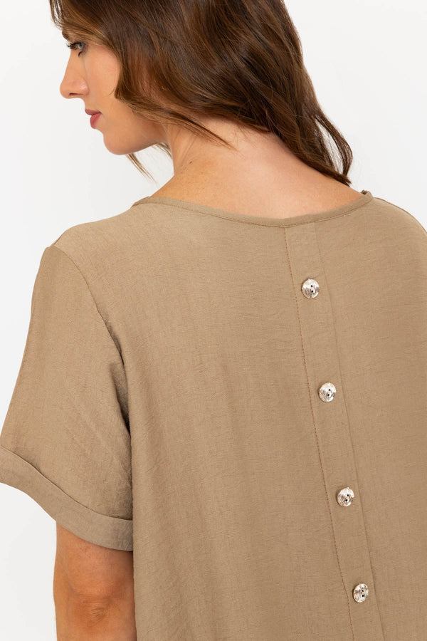 Carraig Donn Taupe Linen-Like Top With Back Buttons