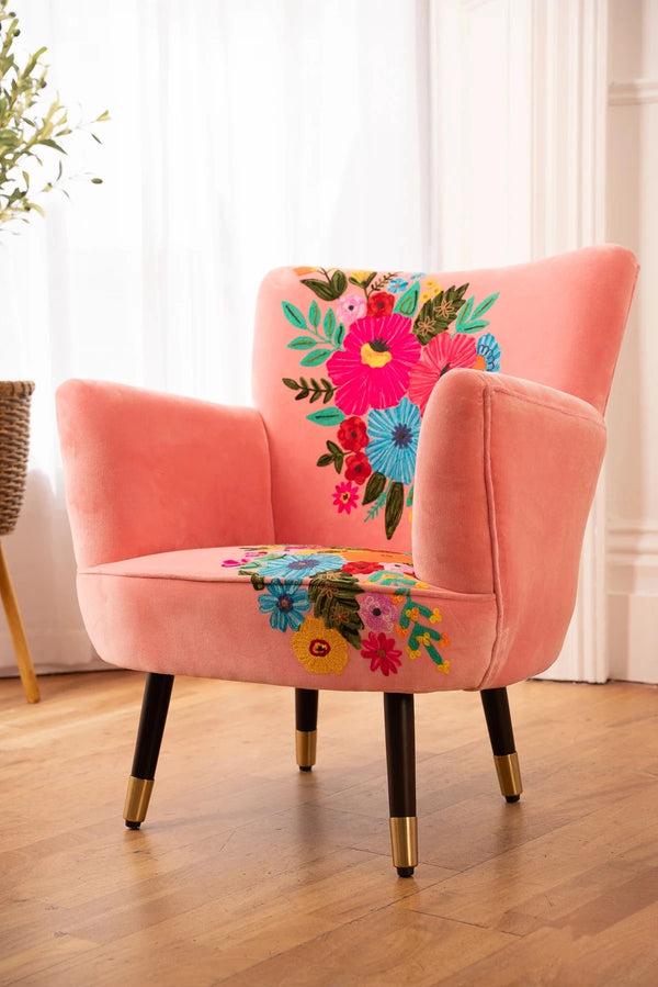 Carraig Donn Velvet Pink Floral Embroidered Armchair