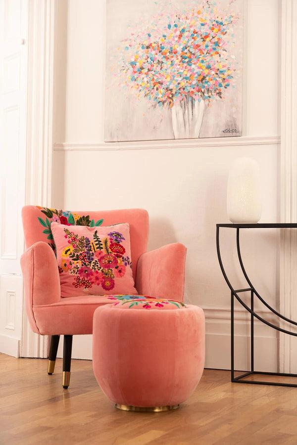 Carraig Donn Velvet Pink Floral Embroidered Armchair