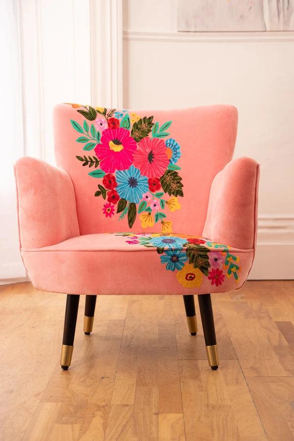 carraig donn Velvet Pink Floral Embroidered Armchair