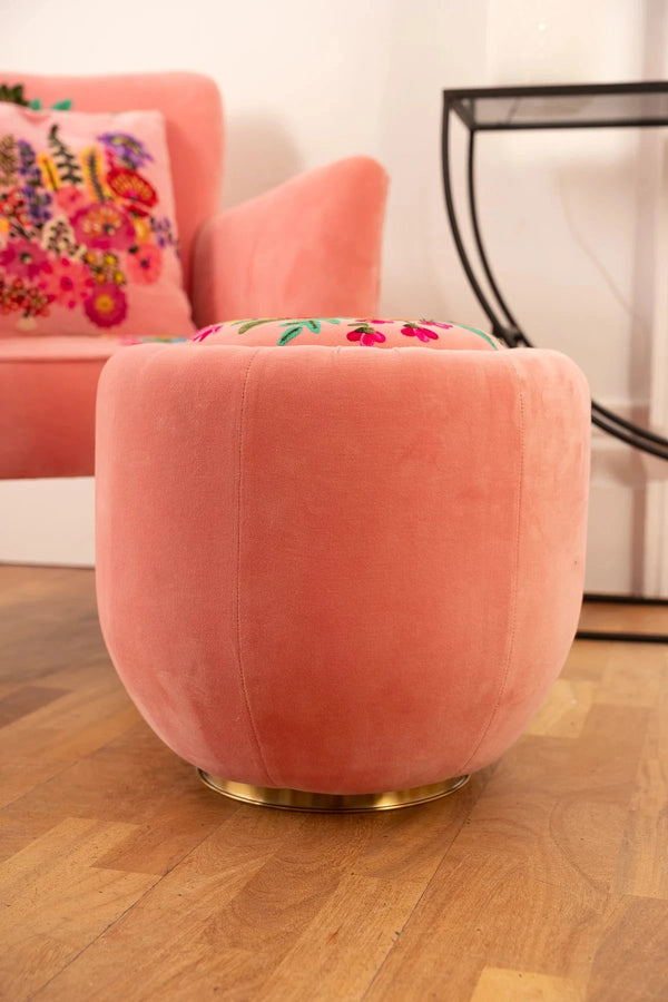 Carraig Donn Velvet Pink Floral Embroidered Footstool