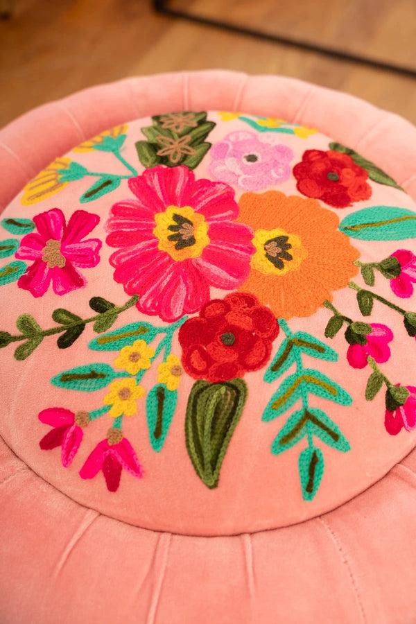 Carraig Donn Velvet Pink Floral Embroidered Footstool