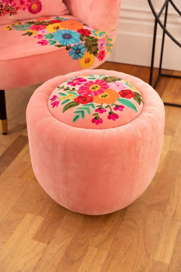carraig donn Velvet Pink Floral Embroidered Footstool