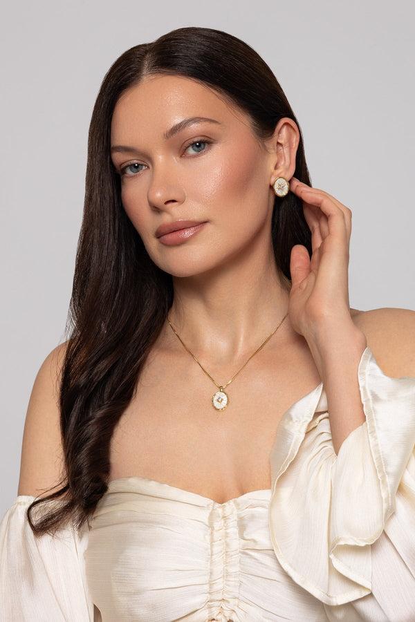 Carraig Donn White Shell & Diamante Gold Pendant Necklace