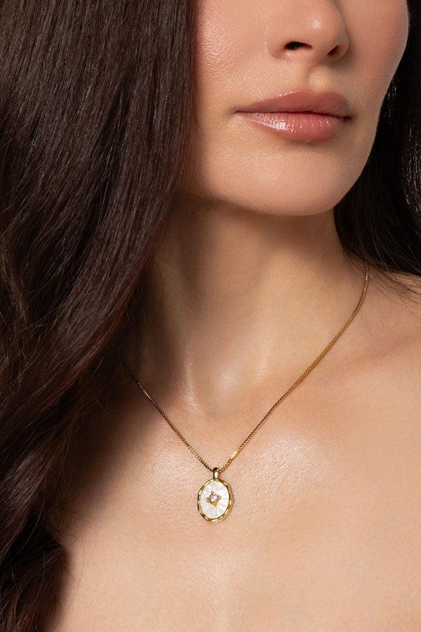 carraig donn White Shell & Diamante Gold Pendant Necklace