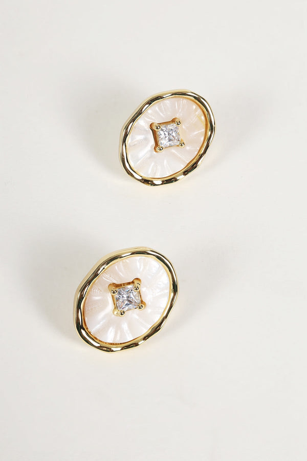 Carraig Donn White Shell & Diamante Gold Stud Earrings
