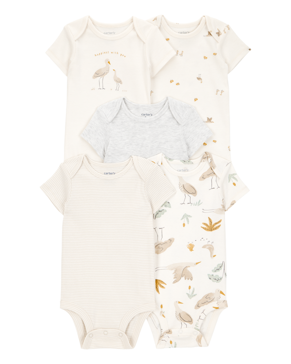 carter's Baby 5-Pack Striped Birds Short-Sleeve Cotton Bodysuits - Ivory