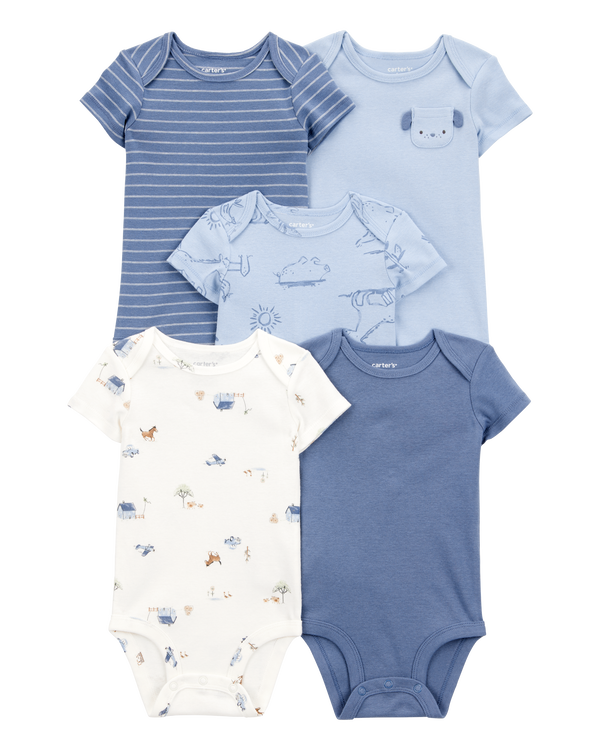 carter's Baby Boy 5-Pack Dog Short-Sleeve Cotton Bodysuits - Blue