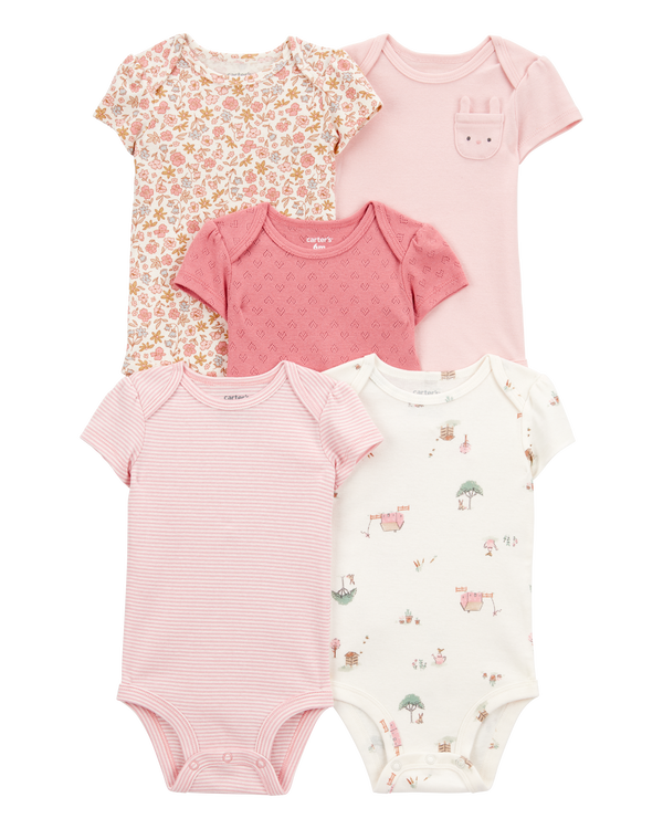 carter's Baby Girl 5-Pack Floral Bunny Short-Sleeve Cotton Bodysuits - Pink