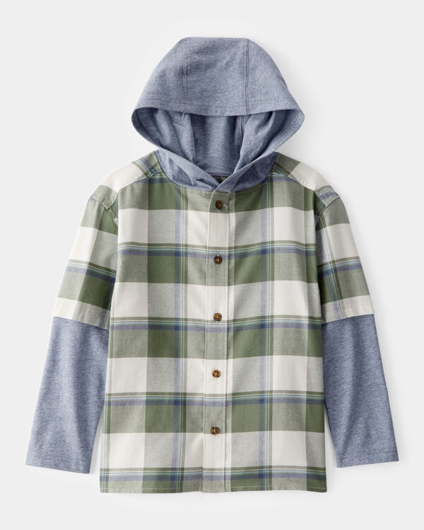 carter's Boys Plaid Layered-Look Button-Down Hooded Tee - Green