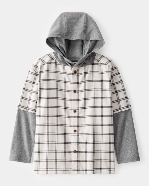 carter's Boys Plaid Layered-Look Button-Down Hooded Tee - Grey