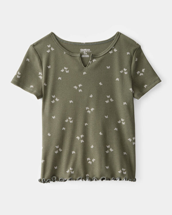 carter's Girls Butterfly Print Ribbed Short-Sleeve Shirt - Olive