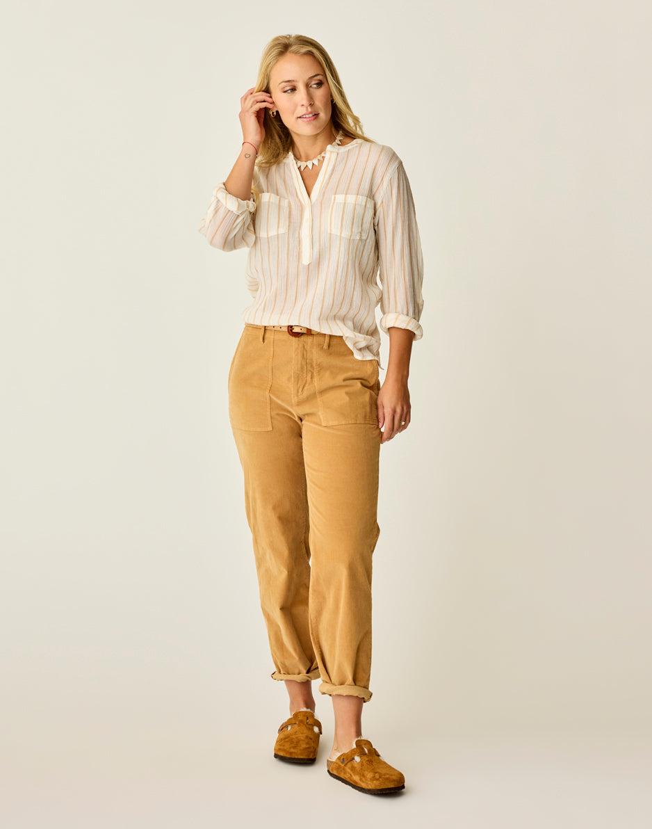 Carve Designs Dylan Gauze Shirt: Camel Stripe